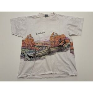 VTG 90s South Dakota State All Over Print Wrap Around T Shirt White Size Large